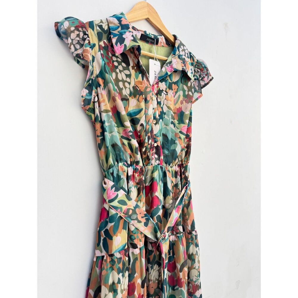 NWT Zesica Floral Collared Belted Midi Dress Size M - Picture 2 of 8